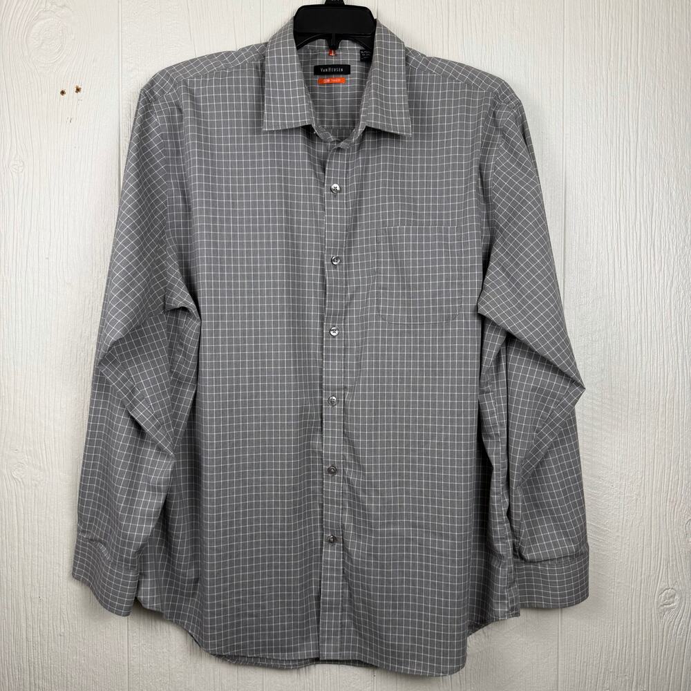 Van Heusen Traveler Shirt mens XL gray/white check button up cotton poly spandex